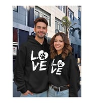 Nevermind Sevgili Çift Kombini Hoodie 2li Set –LOVE Pati Baskılı Unisex Oversize Kapüşonlu Sweatshirt, 3 İplik (Siyah)