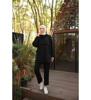 Kapşonlu Kanguru Cepli Sweat-Pantolon İkili Eşofman Spor Takımı - (38-46) - 71214 - Siyah
