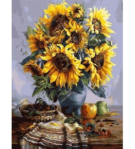 Masadaki Ayçiçekler Sayılarla Boyama Seti 40x 50 cm (Tuvale Gerili)