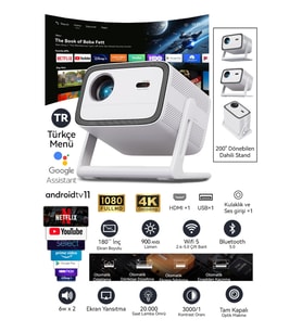 Yüksek Parlaklıklı 900 ANSI Lümen Projeksiyon Cihazı, Android TV Dahili