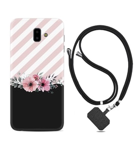 Samsung J6 Plus J7 Prime J7 Pro M20 Kılıf Boyun Askılı Silikon Strip Pink Flowers 1396
