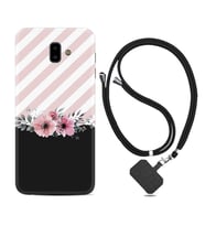 Samsung J6 Plus J7 Prime J7 Pro M20 Kılıf Boyun Askılı Silikon Strip Pink Flowers 1396