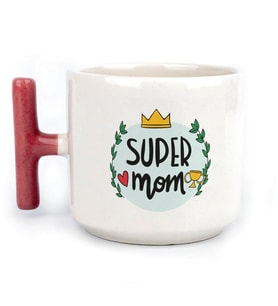Super Mom Yazı Baskılı Kırmızı Kulplu T Kupa