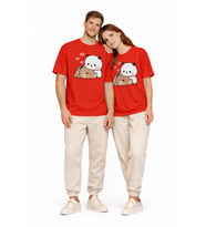 Sevimli Panda Baskılı Sevgili Kombini Çift Tişört Oversize Unisex Çift Kombin 2'Li Set (Kırmızı)