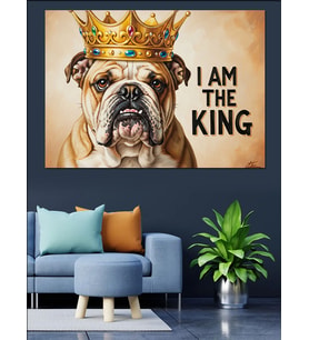 Taçlı Bulldog Köpek Kral Dekoratif Kanvas - Mdf Ahşap Tablo