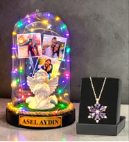 Kişiye Özel Renkli Led Işıklı Fanus ve Gerçek Ametist Taşlı Lotus Kolye (Model 3)