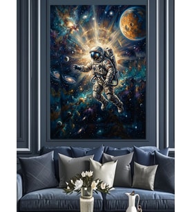 Uzayda Süzülen Modern Beyaz Astronot Dekoratif Kanvas - Mdf Ahşap Tablo