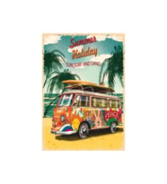 Summer Holiday Retro Ahşap Tablo - Hippi Minibüs ve Sahil Tatili Temalı Tasarım
