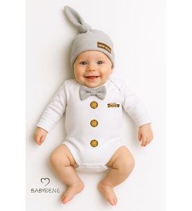 BABYDEN'S Minik Patron Erkek Bebek Uzun Kollu Çıtçıtlı Body ve Bere Seti Düğme Baskılı, Papyonlu %100 Pamuklu (Gri)