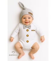 BABYDEN'S Minik Patron Erkek Bebek Uzun Kollu Çıtçıtlı Body ve Bere Seti Düğme Baskılı, Papyonlu %100 Pamuklu (Gri)