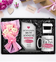 Anneler Gününe Özel Kişiye Özel Kristal Cam Plaket & Tasarım Kupa & Kişiye Özel Ayna & Üçlü Peluş Ayıcık Buketi