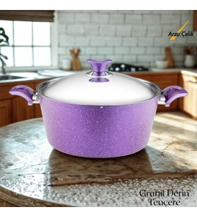 ARZU ÇELİK 28 Cm Granit Derin Tencere Çelik Kapak - Violet