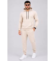 Erkek İki İplik Kapüşonlu Kanguru Cepli Sweatshirt Jogger Pantolon Alt Üst Eşofman Takımı -Bej