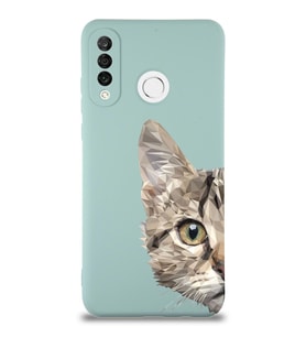 Huawei P 30 Lite Uyumlu Lansman Kılıf Catface Tasarımlı İçi Kadife Turkuaz Kapak (Şeffaf)