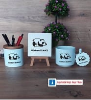 Uykucu Panda Dekoratif Taş, Kalemlik, T Kupa Bardak, Ahşap Anahtarlık Hediye (Model 1)