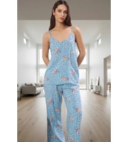 Kadın Hayvan Desenli İnce Askılı Viskoz Pijama Takımı Rahat ve Şık Tasarım Özel (Mavi)