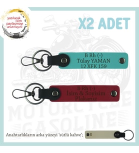 Motorcu Tarzına Özel, İsim Plaka ve B Rh (-) Kan Grubu Yazılı x2 Anahtarlık, Kırmızı-K Turkuaz-SK (Çok Renkli)