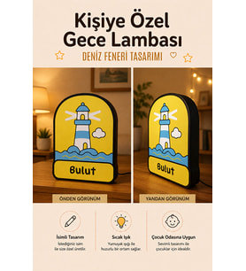 Kişiye Özel İsimli Deniz Feneri Gece Lambası Sıcak Işıklı Çocuk ve Bebek Odası Dekoru