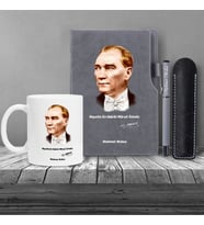 Kişiye Özel Atatürk Figürlü UV Baskılı Gri Defter & Gri Roller Kalem ve Kupa Seti
