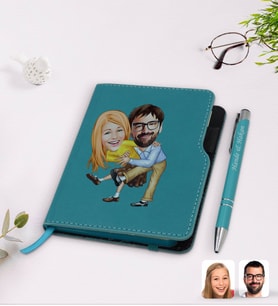 BK Gift Kişiye Özel Sevgililer Karikatürlü Turkuaz Termo Deri Defter Kalem Seti-102