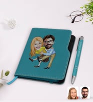 BK Gift Kişiye Özel Sevgililer Karikatürlü Turkuaz Termo Deri Defter Kalem Seti-102