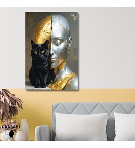 Tekli Dikey Kanvas Tablo Siyah Kedi ve Gold Gümüş Kadın Silüeti