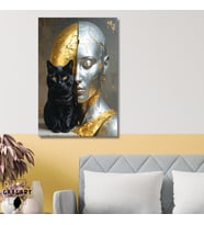 Tekli Dikey Kanvas Tablo Siyah Kedi ve Gold Gümüş Kadın Silüeti