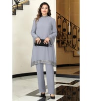Umay Şifon Tunik Pantolon Takım Gri ELB68