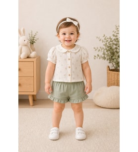 Kız Çocuk Yeşil Çiçek Desenli Müslin Bebe Yaka Şortlu Takım 1-4 Yaş - YEŞİL / 1 YAŞ