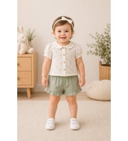 Kız Çocuk Yeşil Çiçek Desenli Müslin Bebe Yaka Şortlu Takım 1-4 Yaş - YEŞİL / 1 YAŞ