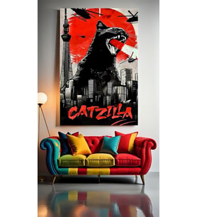 CATTZILLA UZAYLI KEDİ SÜPER KEDİ Ev Duvar Salon Güzellik Salonu Ofis Dükkan Dekarasyon Kanvas Tablo (Akçaağaç)