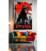 CATTZILLA UZAYLI KEDİ SÜPER KEDİ Ev Duvar Salon Güzellik Salonu Ofis Dükkan Dekarasyon Kanvas Tablo (Akçaağaç)