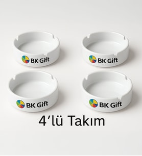 BK Gift Kişiye Özel Logolu 4 Adet Porselen Kül Tablası, Yeni İş Hediyesi, Firmalara Özel Kül Tablası
