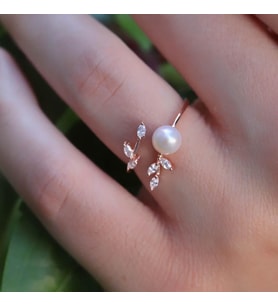 Zirkon Taşlı İnci ve Sarmaşık Minimal 925 Ayar Gümüş Rosegold Kaplama Yüzük