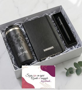 Kişiye Özel Geometrik Termos 300mL. & Siyah Defter & Roller Kalem Premium Ofis Hediye Seti
