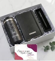 Kişiye Özel Geometrik Termos 300mL. & Siyah Defter & Roller Kalem Premium Ofis Hediye Seti