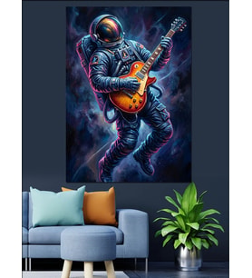 Yıldızlı Uzayda Gitar Çalan Astronot Dekoratif Kanvas - Mdf Ahşap Tablo