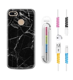 General Mobile GM8 Go GM9 GM20 Pro Plus Kılıf Kablo Koruma Spiral Silikon Fragile Black Mermer 1378