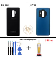 Samsung Galaxy S9 Plus Siyah Renk Arka Kapak + Tamir Seti + B7000 Yapıştırıcı Arka Cam Batarya Kapağı Pil Kapağı Lazer Kesim Back Cover Galaxy S9 Plus Uyumlu