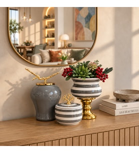 Dekoratif Obje SALON SETİ Gri Zebra Ayaklı Saksı Gri Şah Gri Zebra Kutu Gold