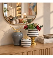 Dekoratif Obje SALON SETİ Gri Zebra Ayaklı Saksı Gri Şah Gri Zebra Kutu Gold