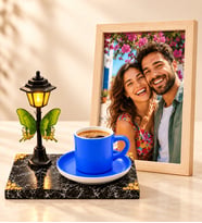 Kişiye Özel Fotoğraflı Sokak Lambalı Mavi Kahve Fincanı Büyük Ahşap Çerçeveli