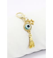 Gold Renkli Metal Çerçeveli Nazar Boncuğu Püsküllü Klipsli Cüzdan Süsü Charm Çanta Süsü Anahtarlık