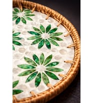 2'Lİ RATTAN SEDEFLİ TEPSİ-ÖZEL GÜN,SUNUM,HEDİYE,ÇEYİZ,EV,OFİS,ŞIK,MODERN-KÜÇÜK 29 CM BÜYÜK 35 CM ÇAP- (Orman Yeşili)
