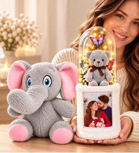 Kişiye Özel Fotoğraflı LED Işıklı Fanuslu Ayıcık Buketi ve Peluş Fil Hediye Seti