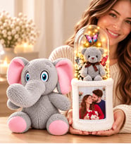 Kişiye Özel Fotoğraflı LED Işıklı Fanuslu Ayıcık Buketi ve Peluş Fil Hediye Seti