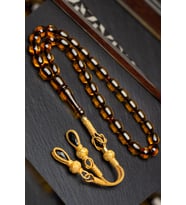 Altın Kaplama Gümüş Kazaz Püsküllü 8x12mm Kapsül Kesim Ateş Kehribar Tesbih (Çok Renkli)