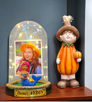 Size Özel Fotoğraflı Yazılı Led Işıklı Fanus ve Bal Kabağı Biblosu Hediye Seti (Model 10)