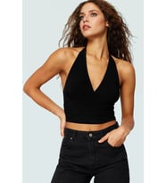 Vücuda Oturan Boyundan Bağlamalı Crop Bluz Polyester Elastan Sandy Dokuma Yüksek Kalite