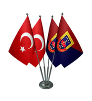 Masa Üstü Jandarma Bayrağı Türk Bayrağı Dörtlü Krom Direk Masa Bayrak Seti
